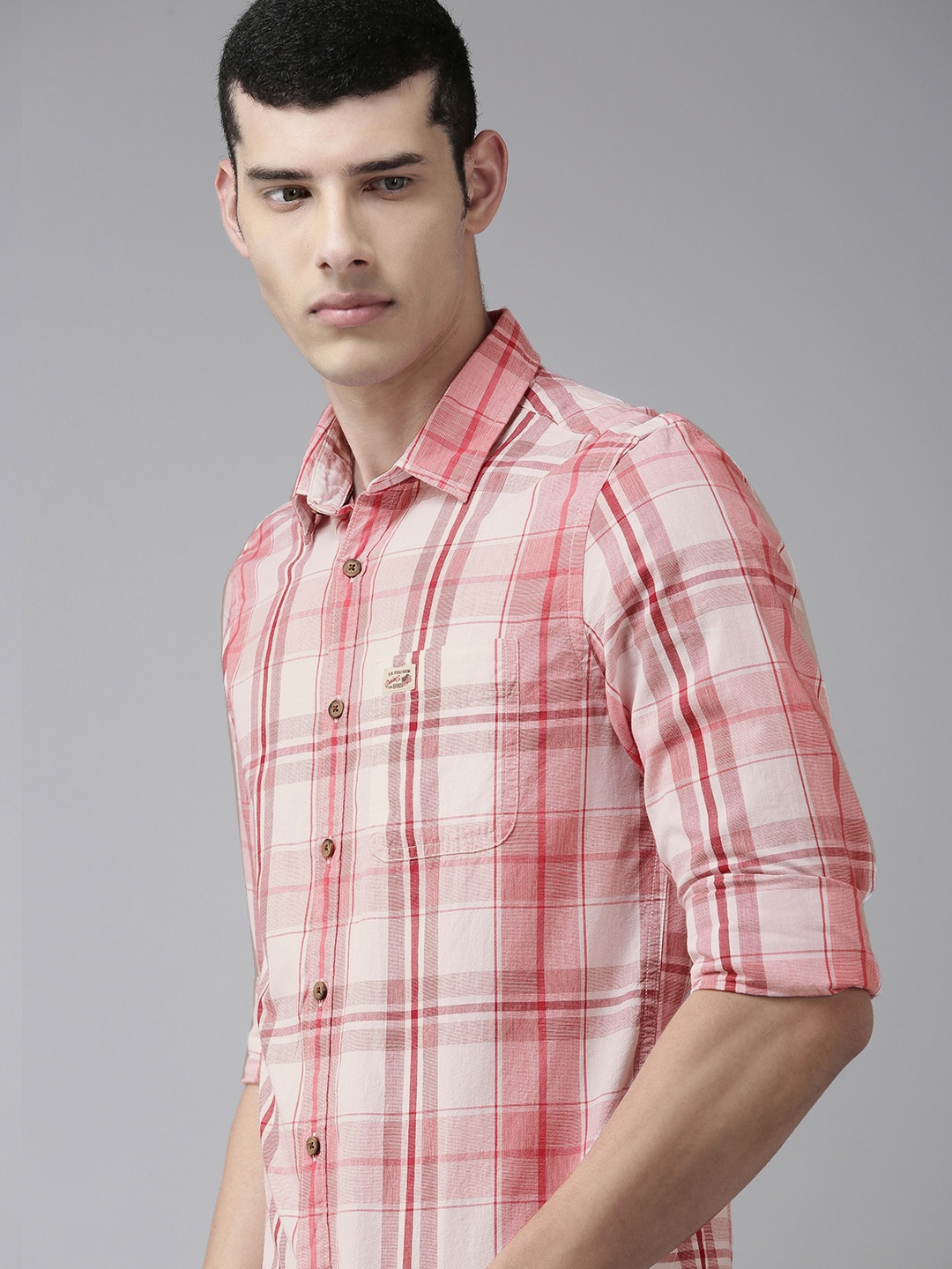 

U S Polo Assn Denim Co Men White & Red Tartan Checked Opaque Pure Cotton Casual Shirt