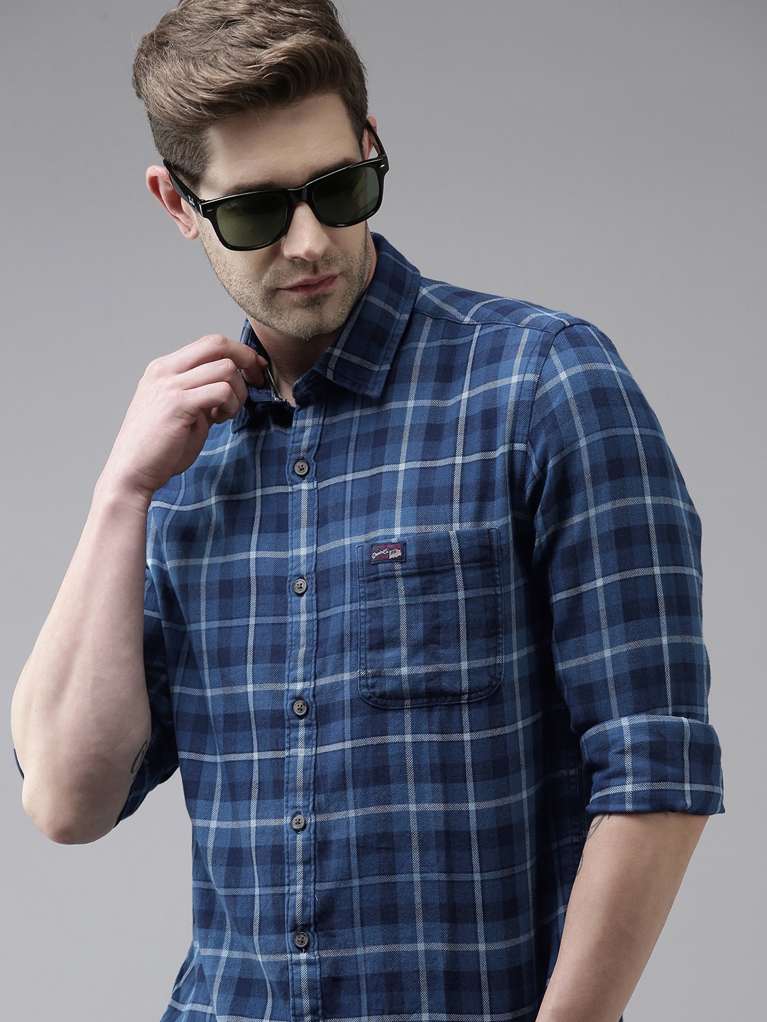 

U S Polo Assn Denim Co Men Blue Tartan Checked Slim Fit Pure Cotton Casual Shirt