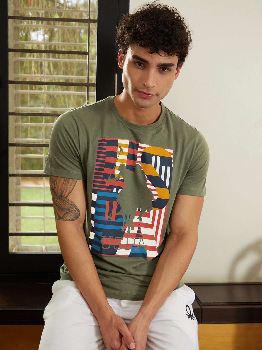 U.S. Polo Assn. Denim Co. Men Olive Green Brand Logo Printed Pure Cotton T-shirt