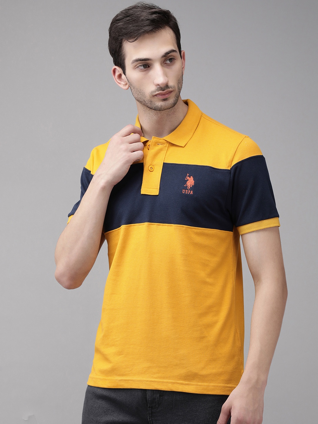 

U S Polo Assn Men Mustard Yellow Navy Blue Colourblocked Polo Collar Slim Fit Pure Cotton T-shirt