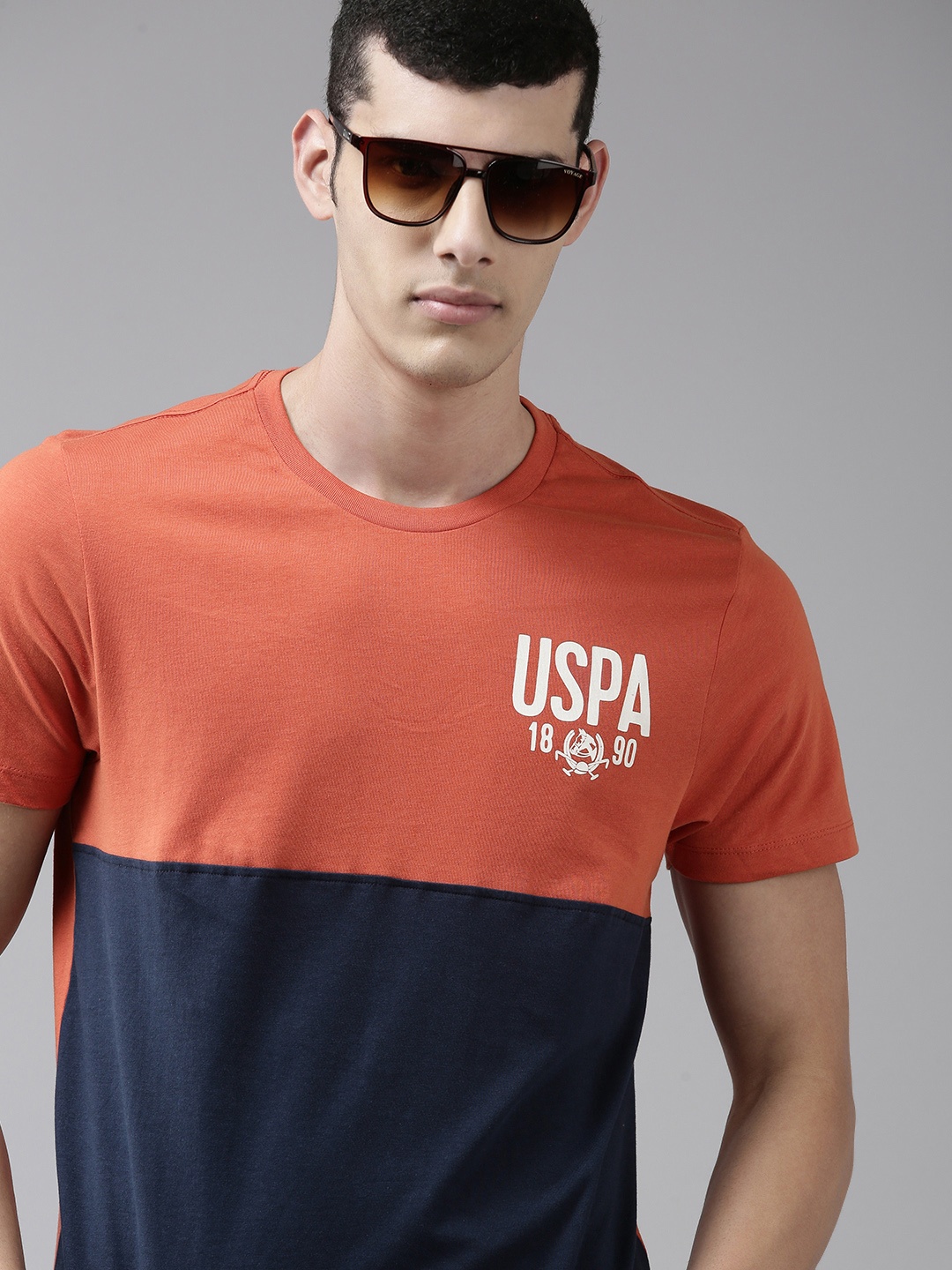 

U. S. Polo Assn. Denim Co. Men Peach Coloured Colourblocked Pure Cotton T-shirt