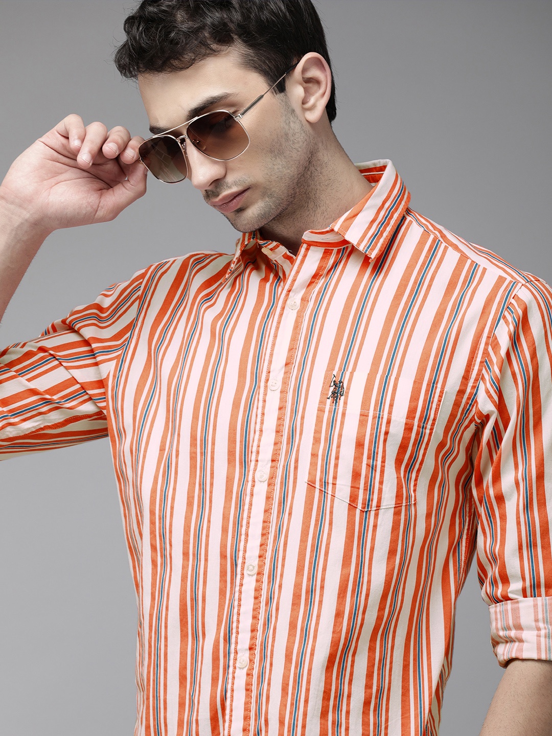 

U S Polo Assn Men Orange Tailored Fit Multi Striped Casual Shirt