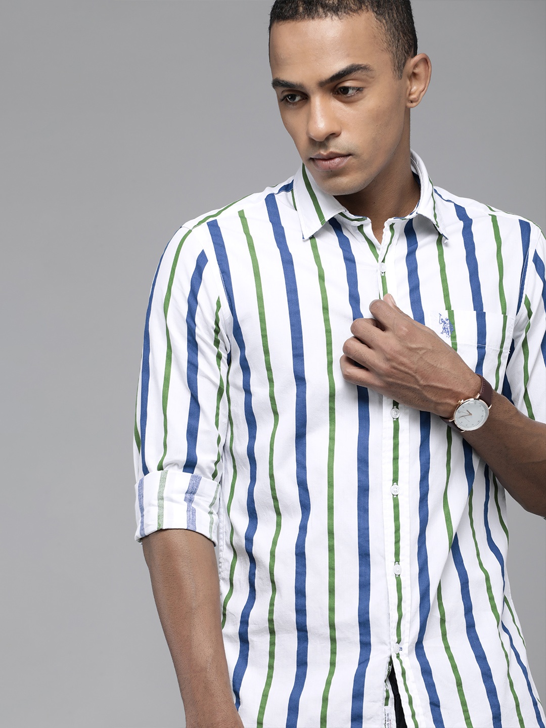 

U S Polo Assn Men White Tailored Fit Striped Pure Cotton Casual Shirt