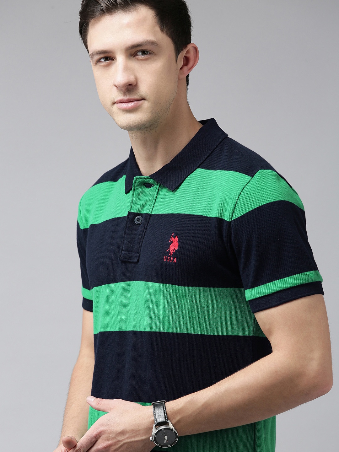 

U S Polo Assn Men Navy Blue & Green Striped Polo Collar Slim Fit T-shirt