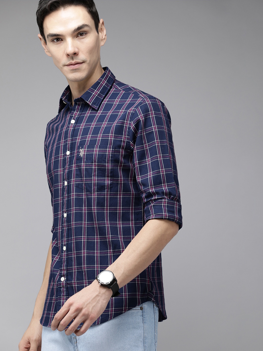 

U S Polo Assn Men Blue Gingham Checked Tailored Fit Pure Cotton Formal Shirt