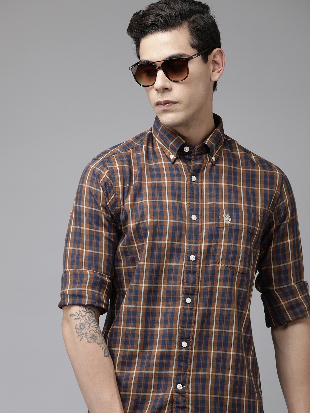 

U.S. Polo Assn. Men Orange Tailored Fit Tartan Checked Pure Cotton Casual Shirt