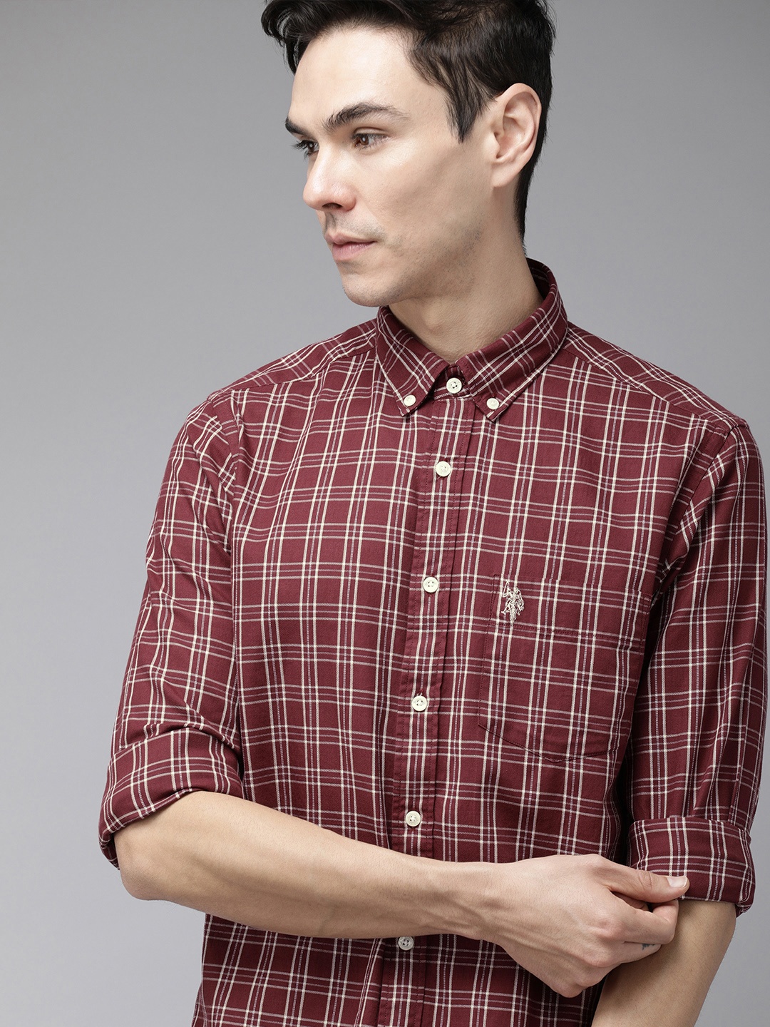 

U S Polo Assn Men Maroon & White Tailored Fit Checked Cotton Casual Shirt