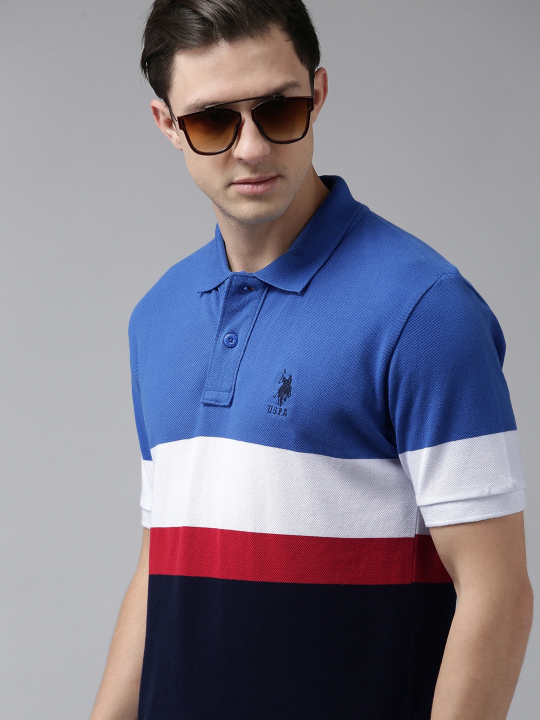 

U S Polo Assn Men Blue & White Colourblocked Polo Collar Slim Fit T-shirt