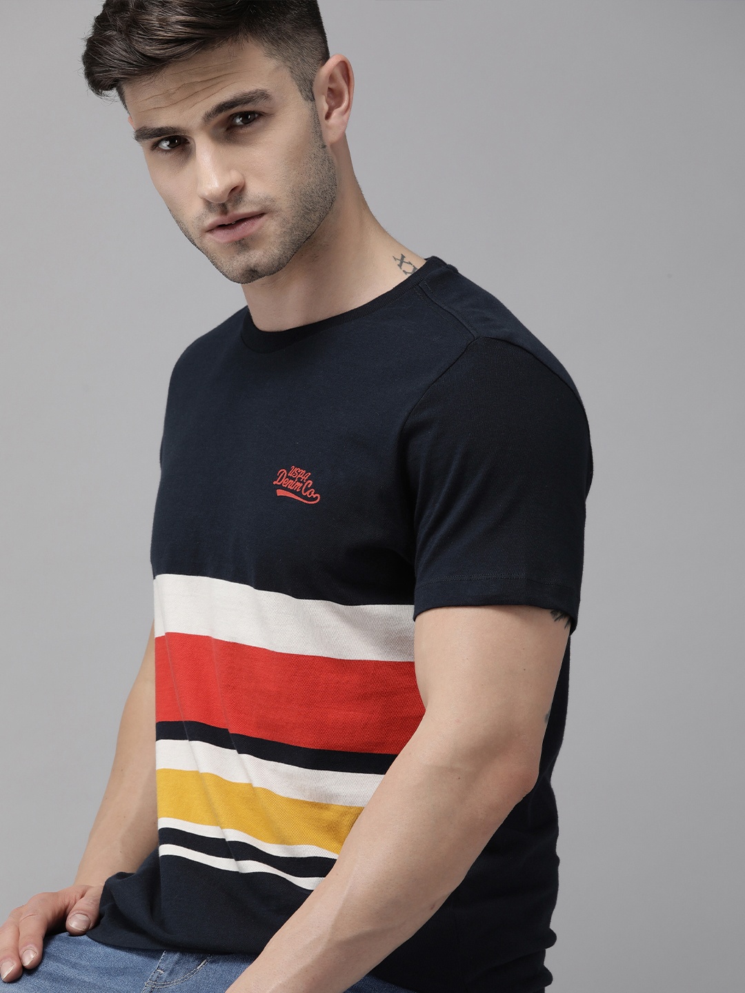 

U S Polo Assn Denim Co Men Navy Blue & Red Striped T-shirt