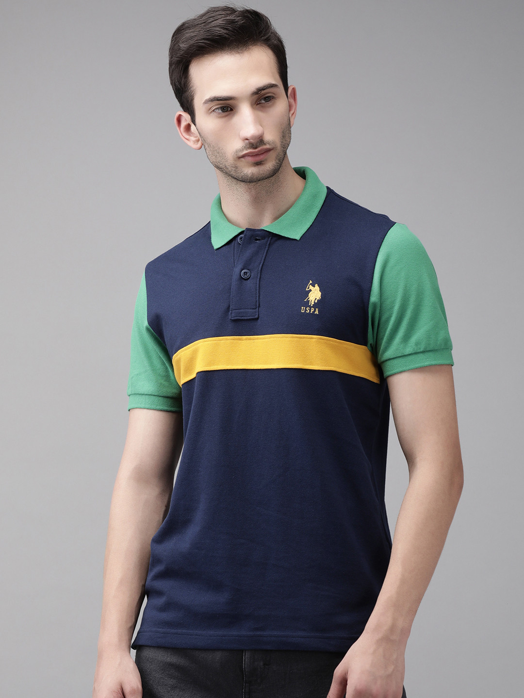 

U S Polo Assn Men Navy Blue Yellow Colourblocked Polo Collar Slim Fit Cotton Pure Cotton T-shirt