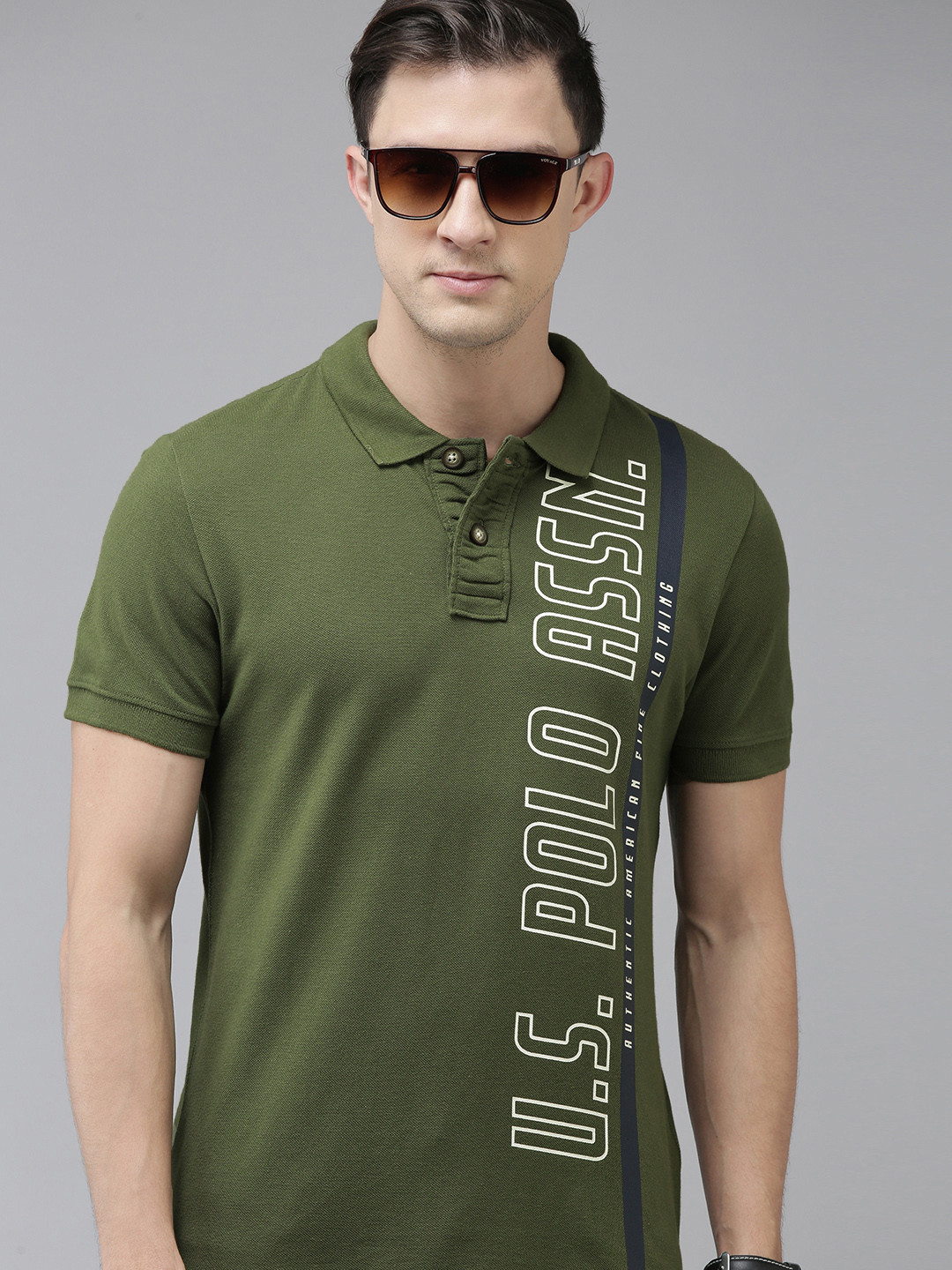 

U.S. Polo Assn. Denim Co. Men Green Pure Cotton Typography Printed Polo Collar T-shirt