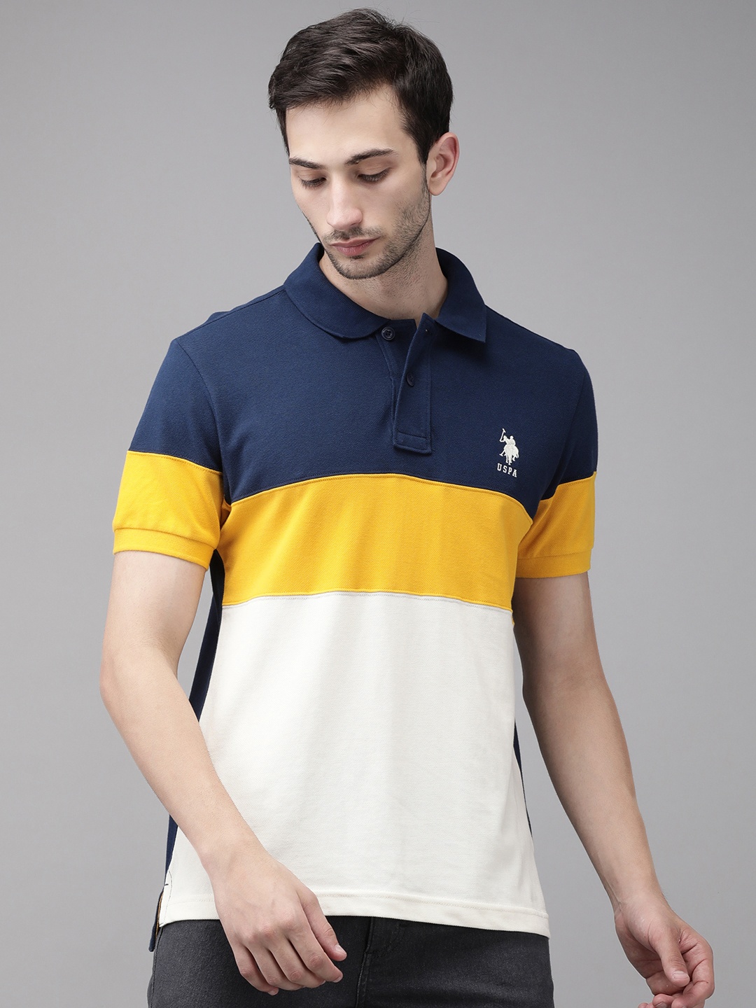 

U S Polo Assn Men Navy Blue White Colourblocked Slim Fit Pure Cotton T-shirt
