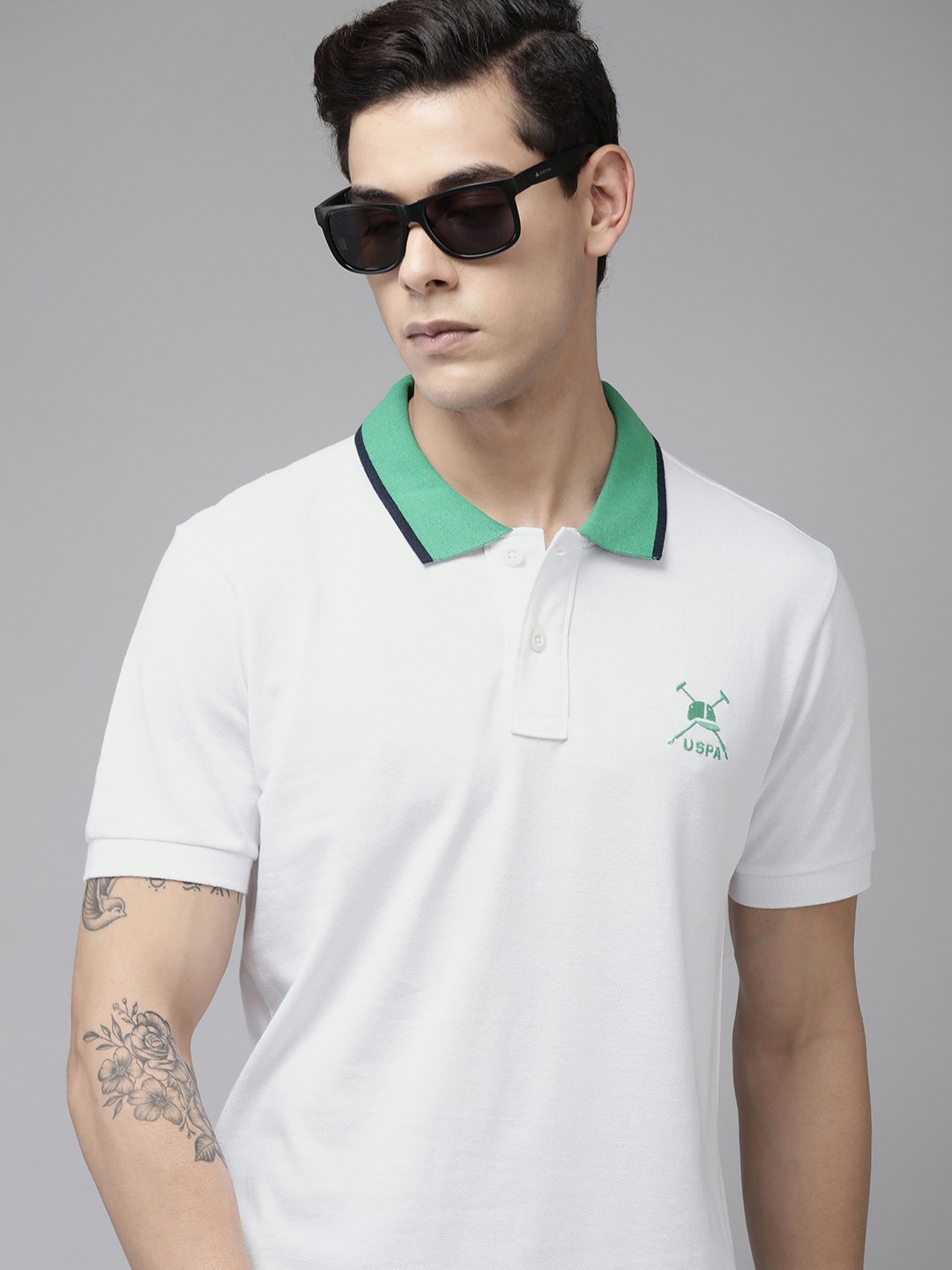 

U.S. Polo Assn. Men White Solid Contrast Polo Collar Pure Cotton Slim Fit T-shirt