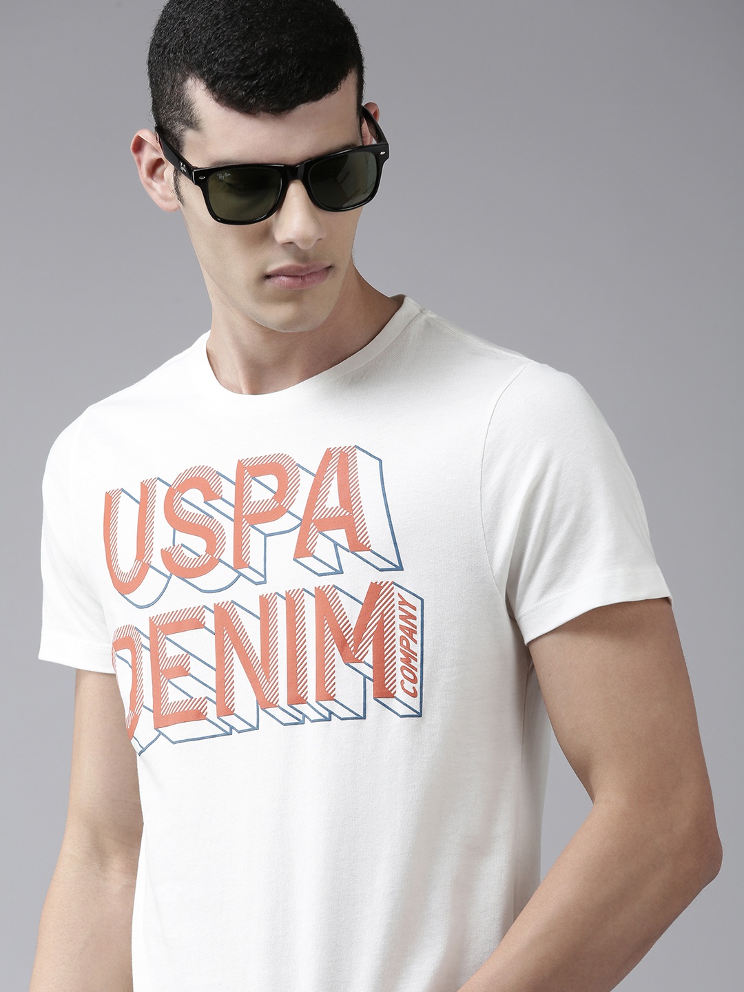 

U S Polo Assn Denim Co Men White & Orange Printed T-shirt