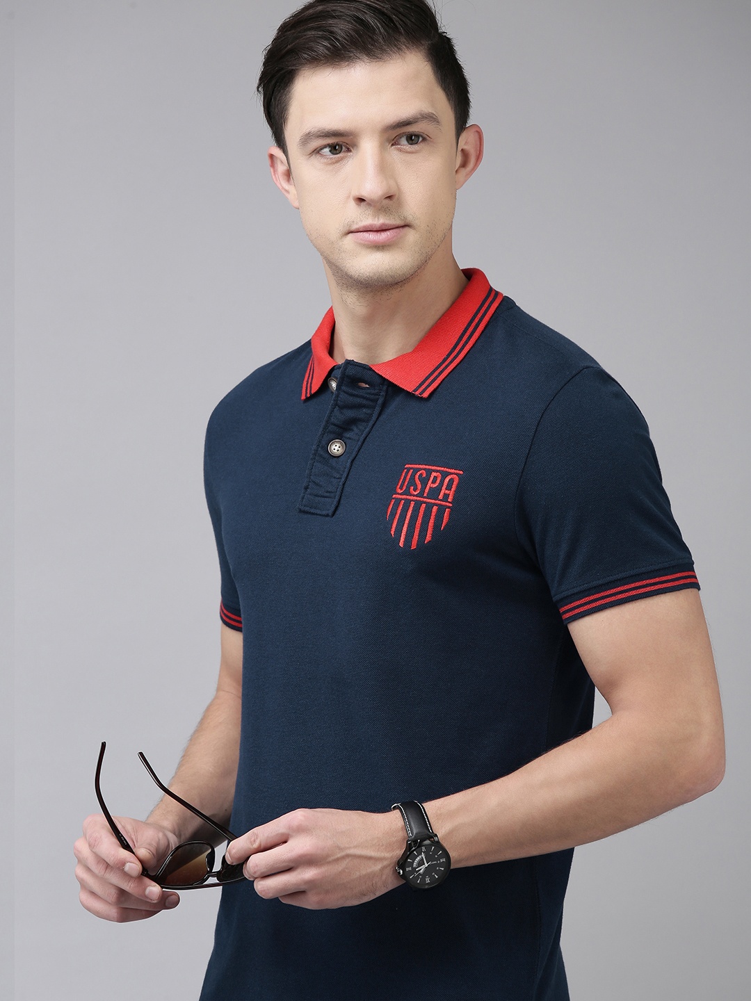 

U.S. Polo Assn. Denim Co. Men Navy Blue Polo Collar Pure Cotton Applique T-shirt