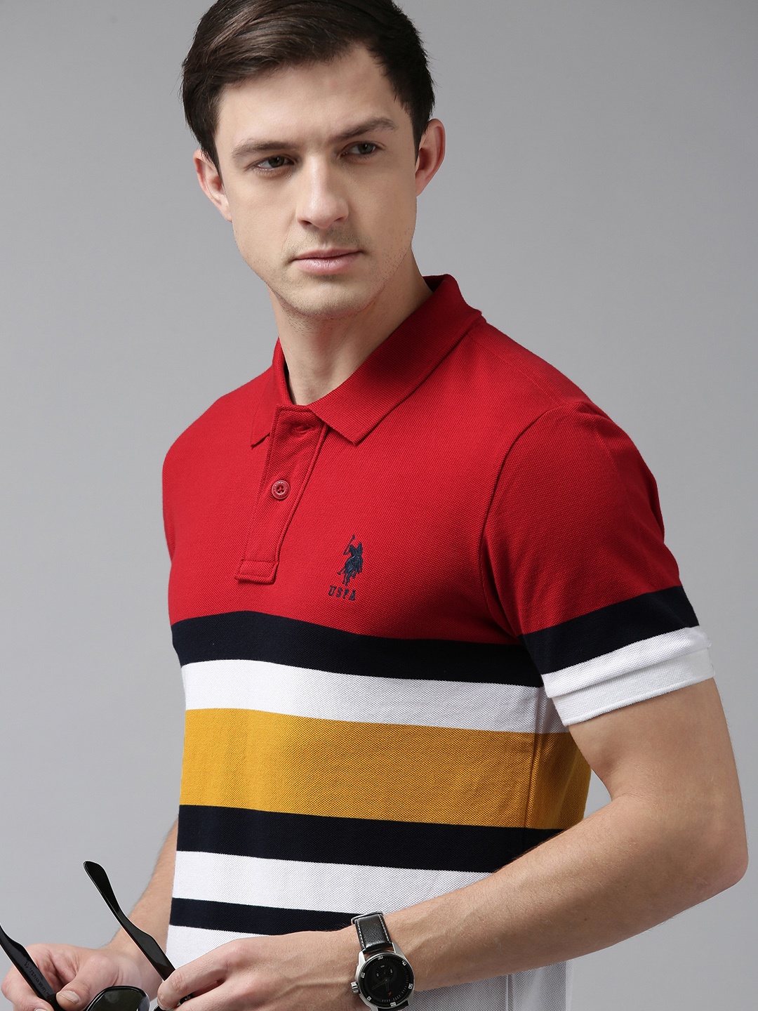 

U S Polo Assn Men Red & White Colourblocked Polo Collar Slim Fit T-shirt
