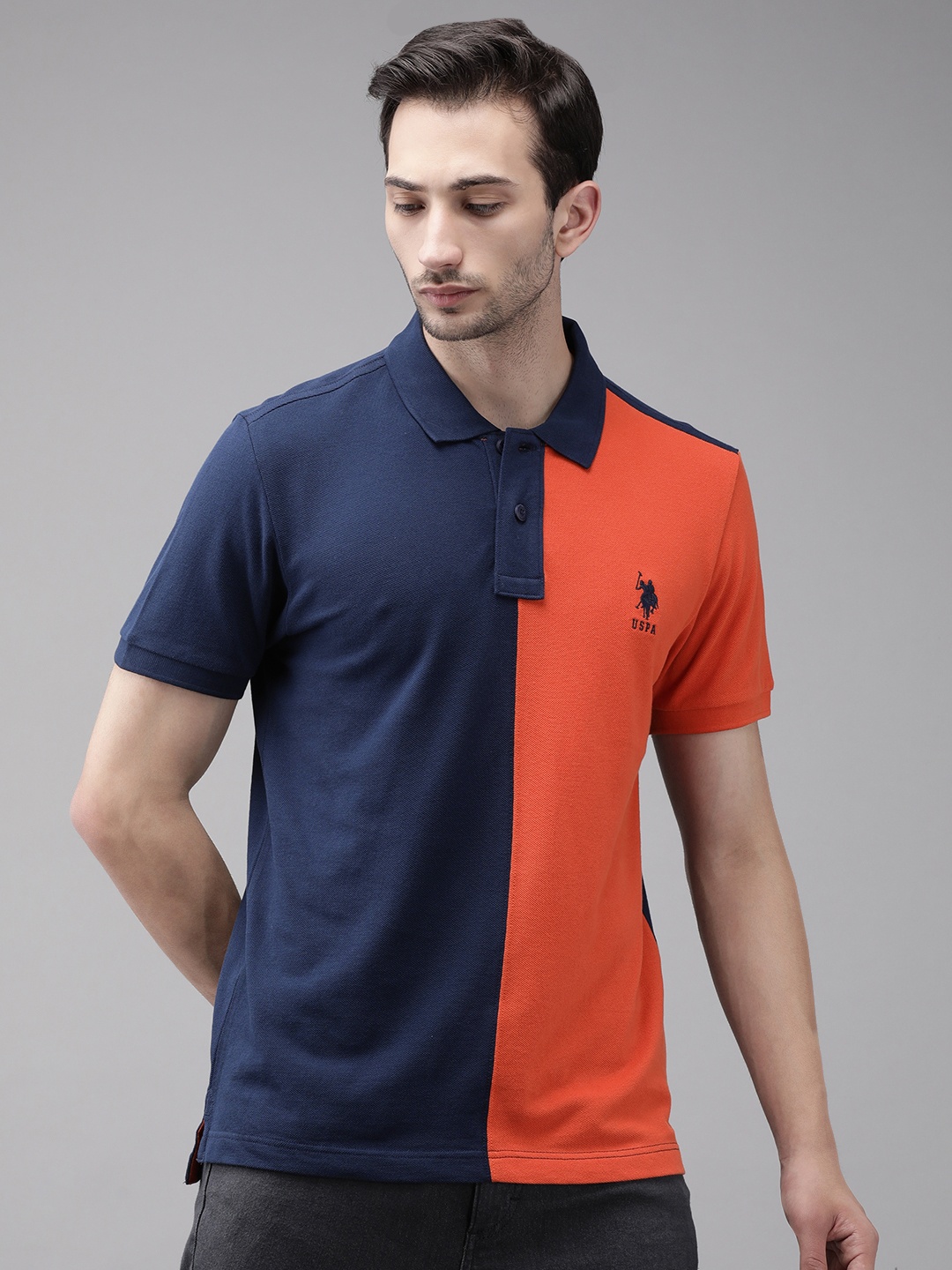 

U S Polo Assn Men Navy Blue Orange Colourblocked Polo Collar Slim Fit Cotton Pure Cotton T-shirt