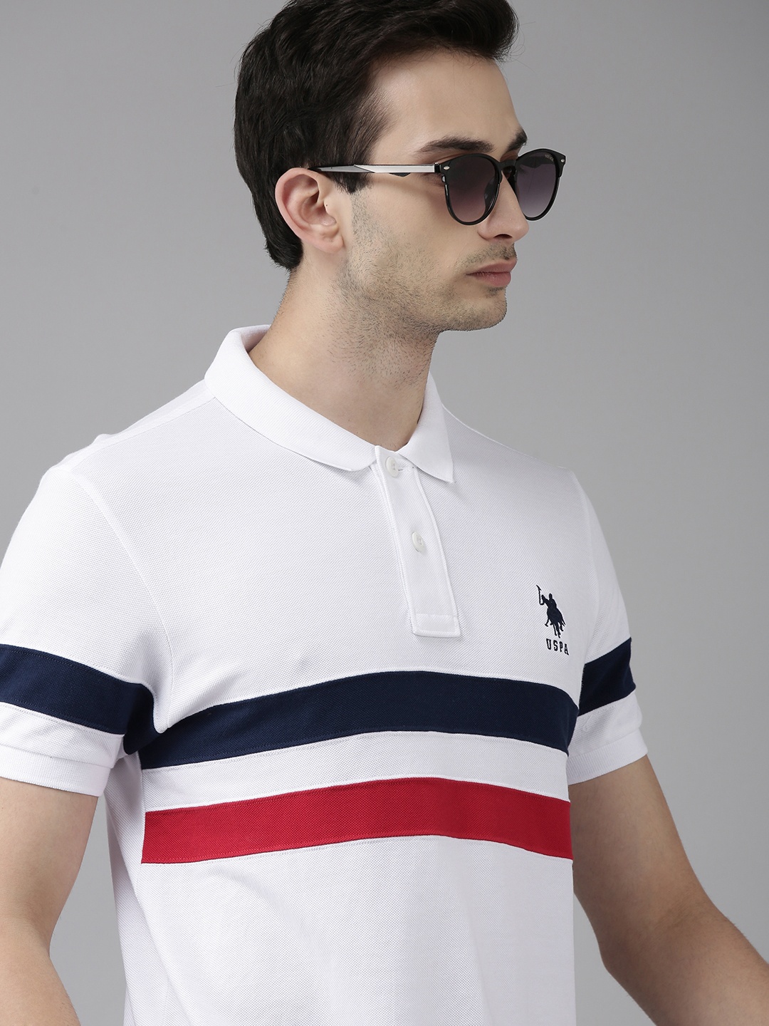 

U S Polo Assn Men White Navy Blue Striped Polo Collar Slim Fit Cotton Pure Cotton T-shirt