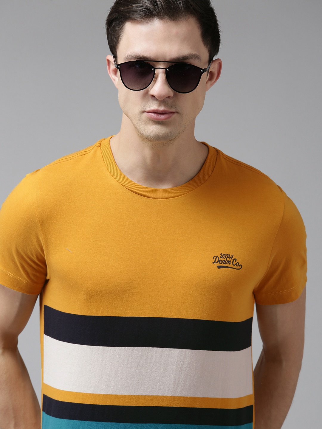 

U S Polo Assn Denim Co Men Mustard Yellow & Black Colourblocked Round Neck Cotton T-shirt