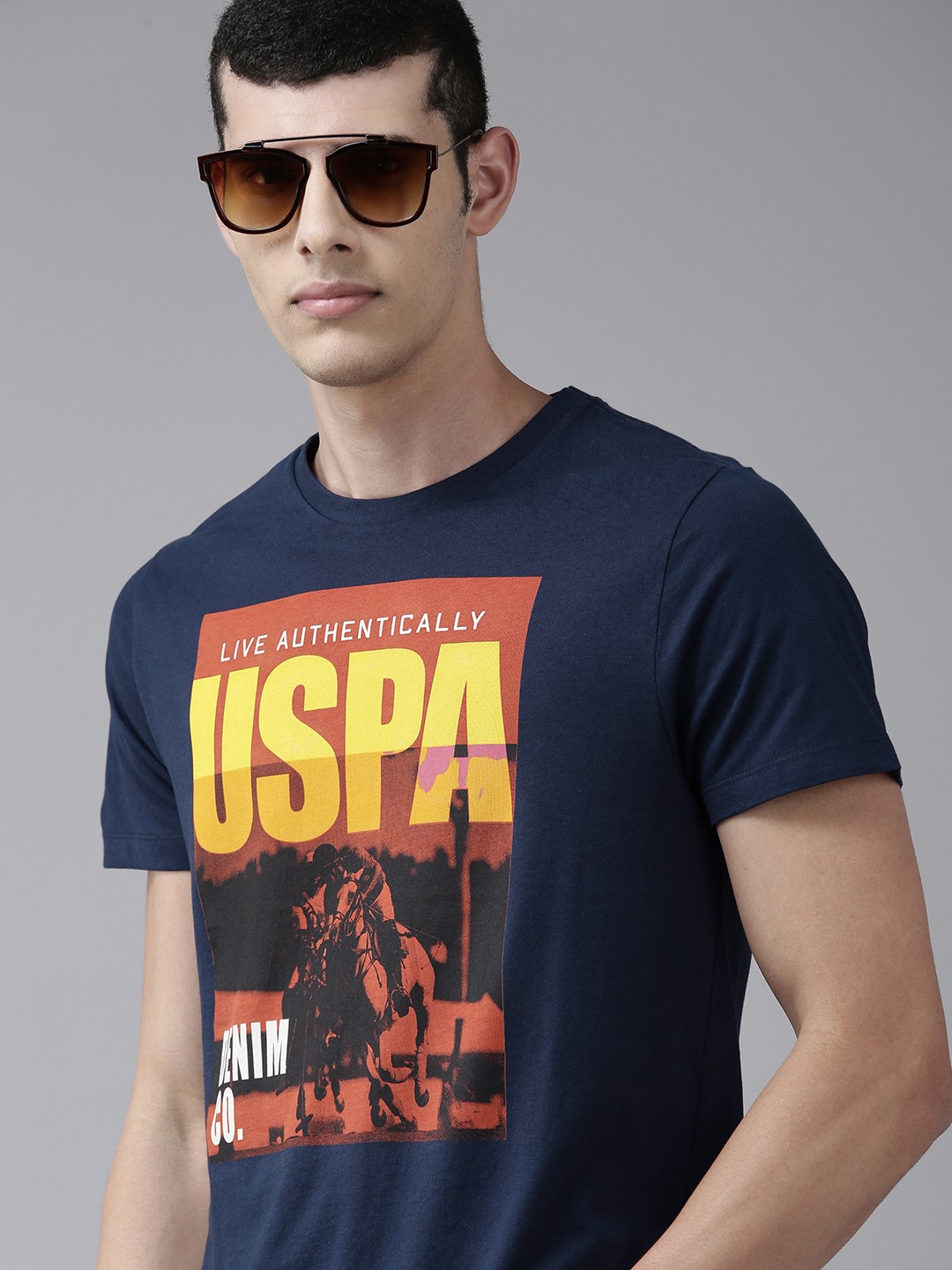 

U S Polo Assn Denim Co Men Navy Blue & Yellow Printed T-shirt