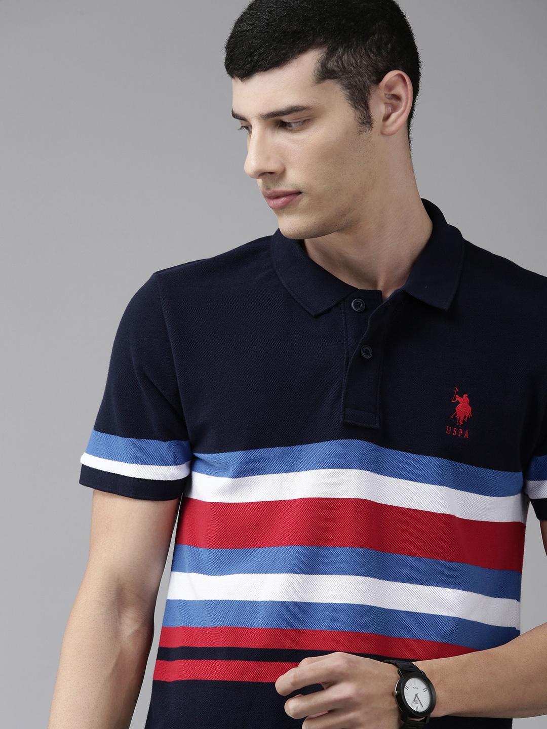 

U S Polo Assn Men Navy Blue & Red Striped Polo Collar Pure Cotton T-shirt