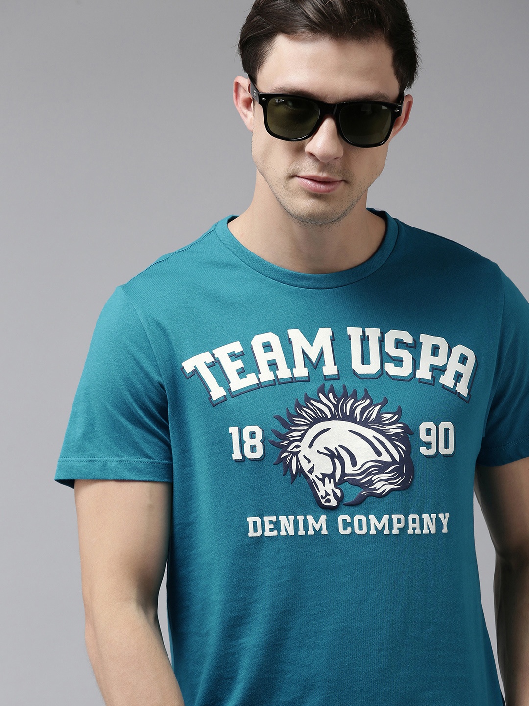 

U S Polo Assn Denim Co Men Teal Blue Brand Logo Printed Pure Cotton Casual T-shirt