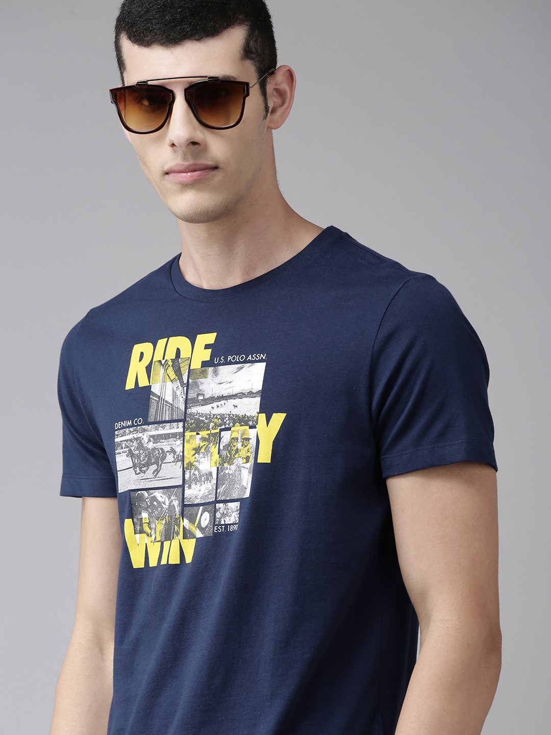 

U S Polo Assn Denim Co Men Navy Blue Sports Printed Pure Cotton Casual T-shirt