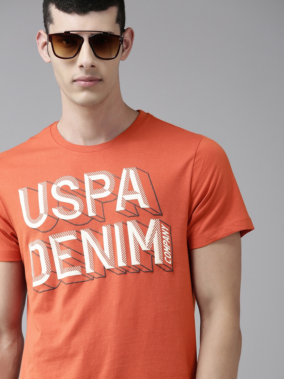 

U S Polo Assn Denim Co Men Orange Typography Printed Pure Cotton Casual T-shirt