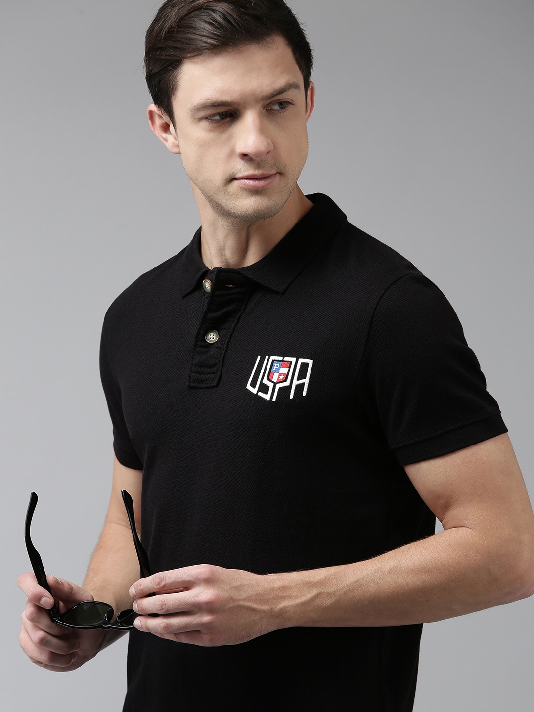 

U S Polo Assn Denim Co Men Black Solid Polo Collared Pure Cotton T-shirt