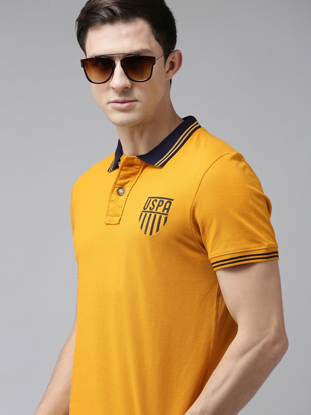 

U S Polo Assn Denim Co Men Mustard Yellow Solid Polo Collar Pure Cotton T-shirt
