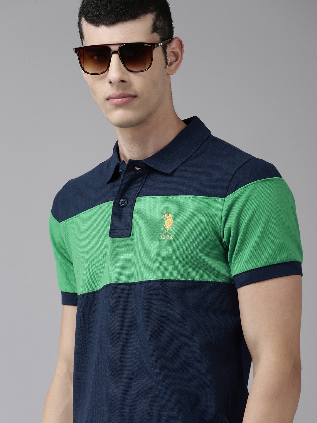 

U S Polo Assn Men Navy Blue & Green Colourblocked Polo Collar Slim Fit Pure Cotton T-shirt