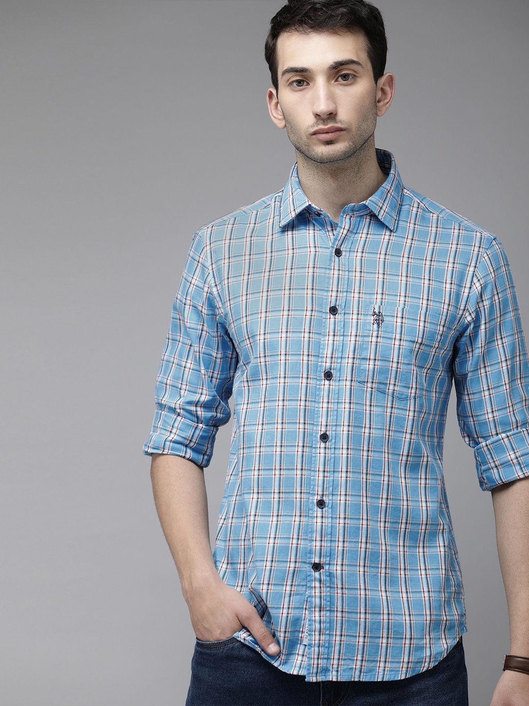 

U S Polo Assn Men Blue & Maroon Tailored Fit Checked Cotton Casual Shirt