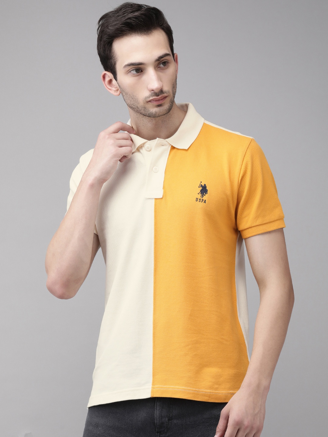 

U S Polo Assn Men White Yellow Colourblocked Polo Collar Slim Fit Cotton Pure Cotton T-shirt