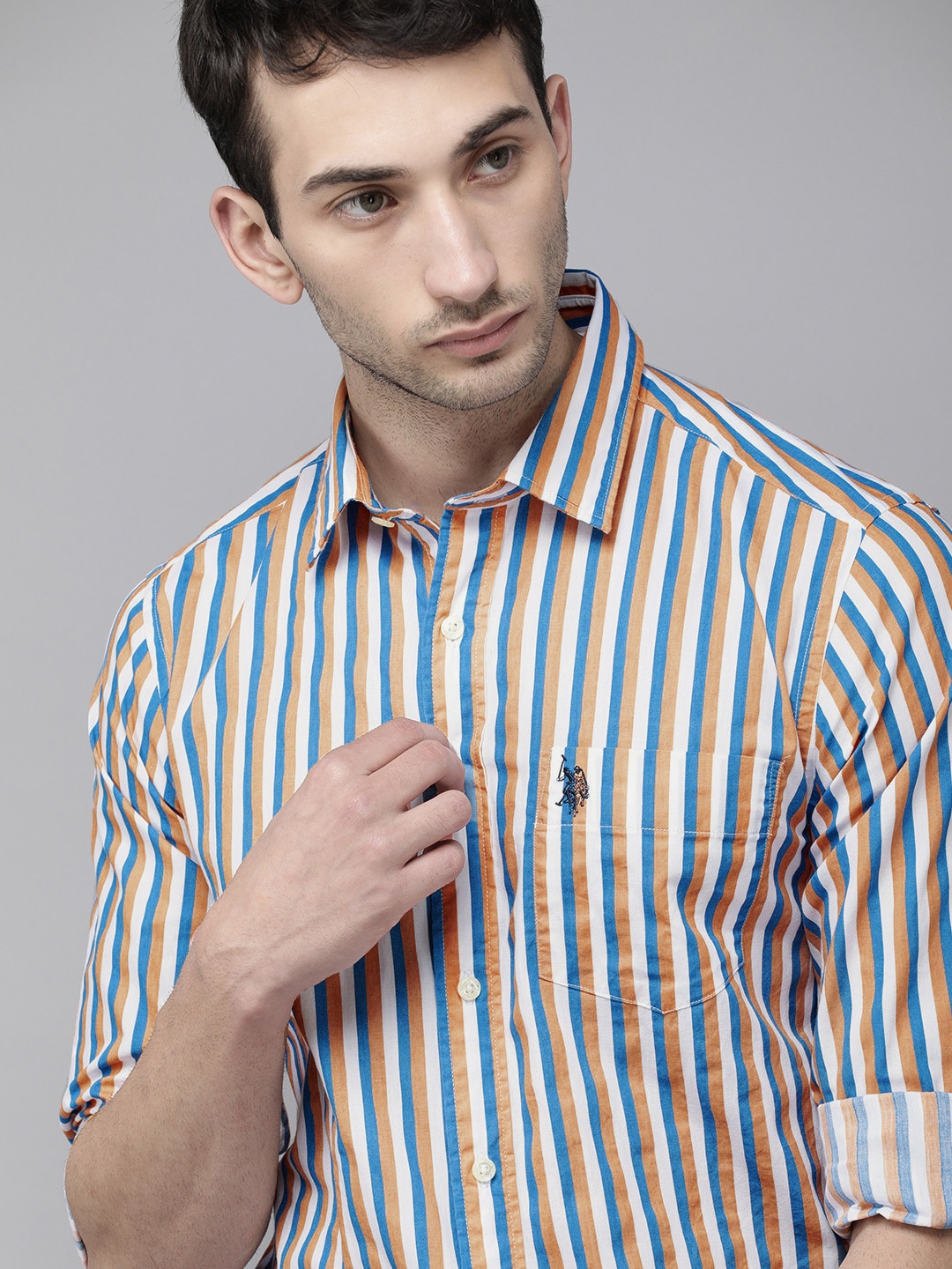 

U S Polo Assn Men White & Blue Tailored Fit Striped Cotton Casual Shirt