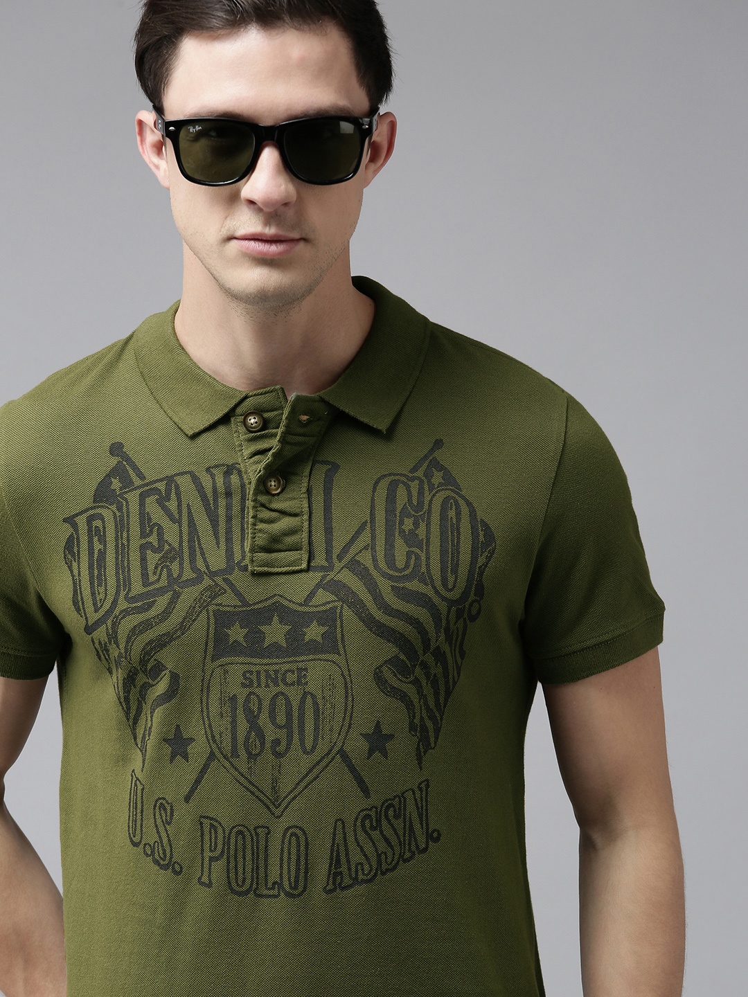 

U S Polo Assn Denim Co Men Olive Green Brand Logo Printed Polo Collar Pure Cotton T-shirt