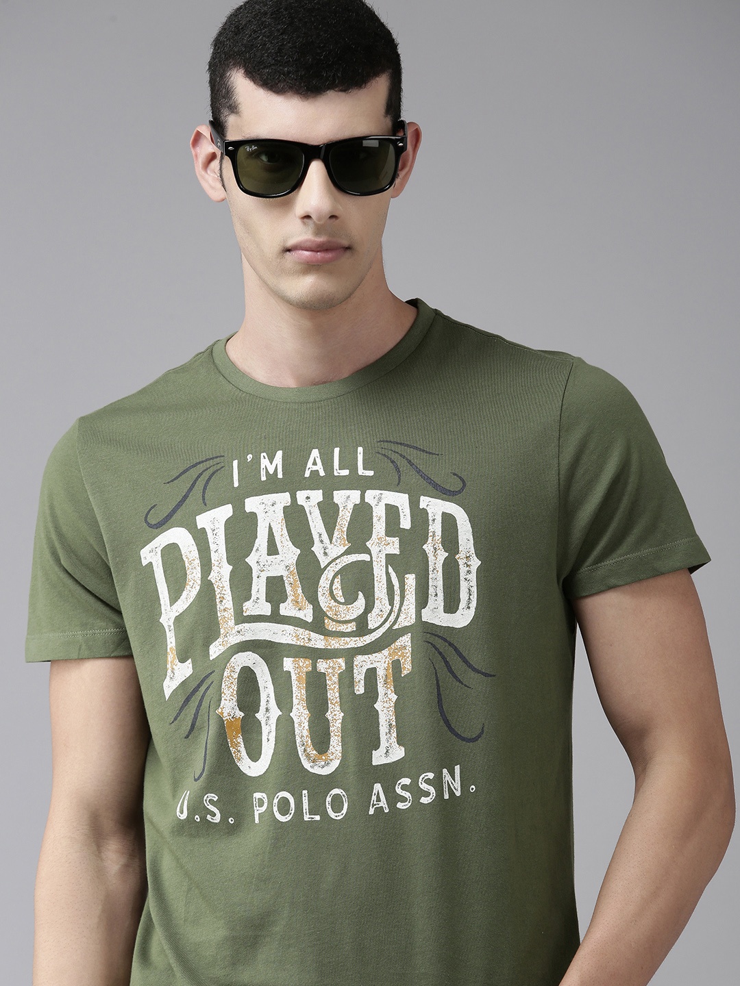 

U. S. Polo Assn. Denim Co. Men Olive Green Graphic Print Pure Cotton T-shirt