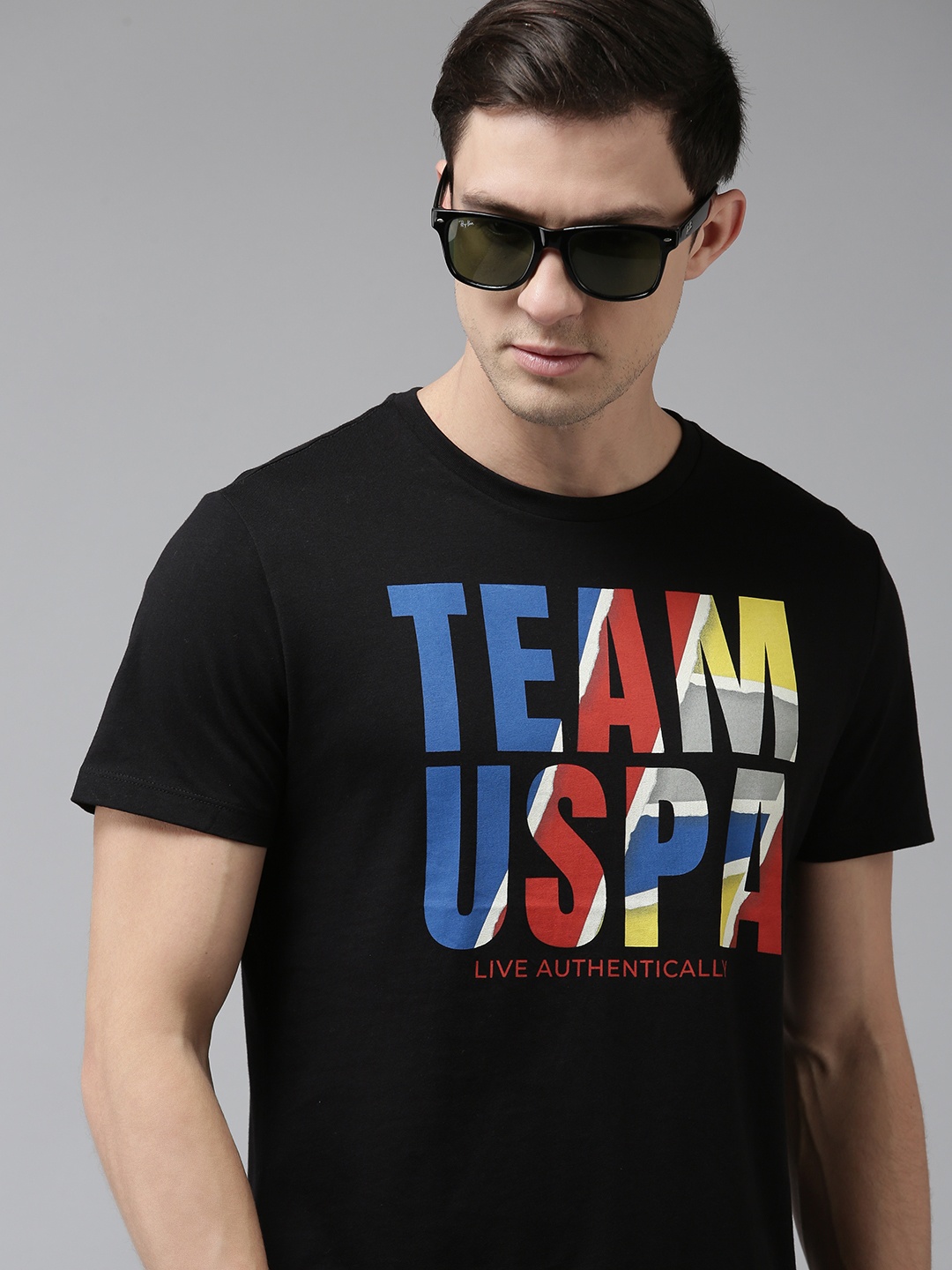 

U S Polo Assn Denim Co Men Black Brand Logo Printed Pure Cotton T-shirt