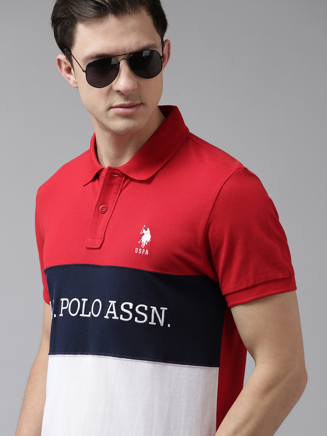 

U S Polo Assn Men Red & White Colourblocked Polo Collar T-shirt