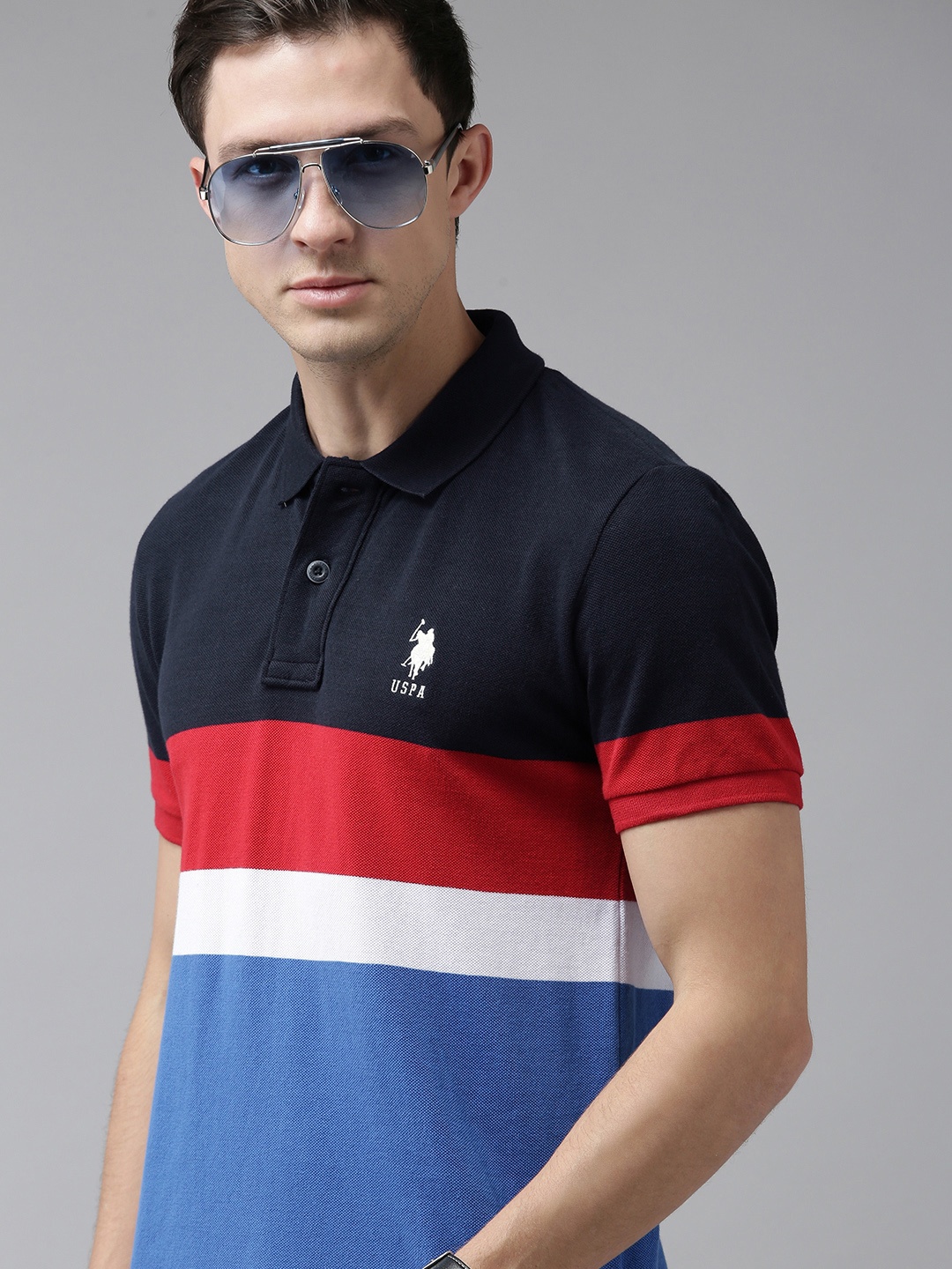 

U.S. Polo Assn. Men Blue & Red Striped Polo Collar Slim Fit Pure Cotton Casual T-shirt
