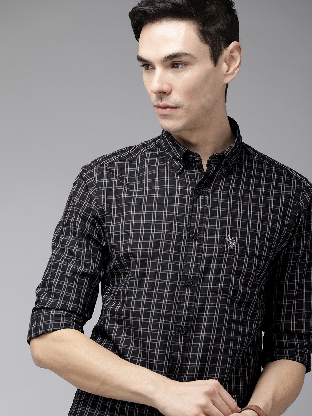 

U S Polo Assn Men Black Grid Tattersall Checks Opaque Pure Cotton Casual Shirt
