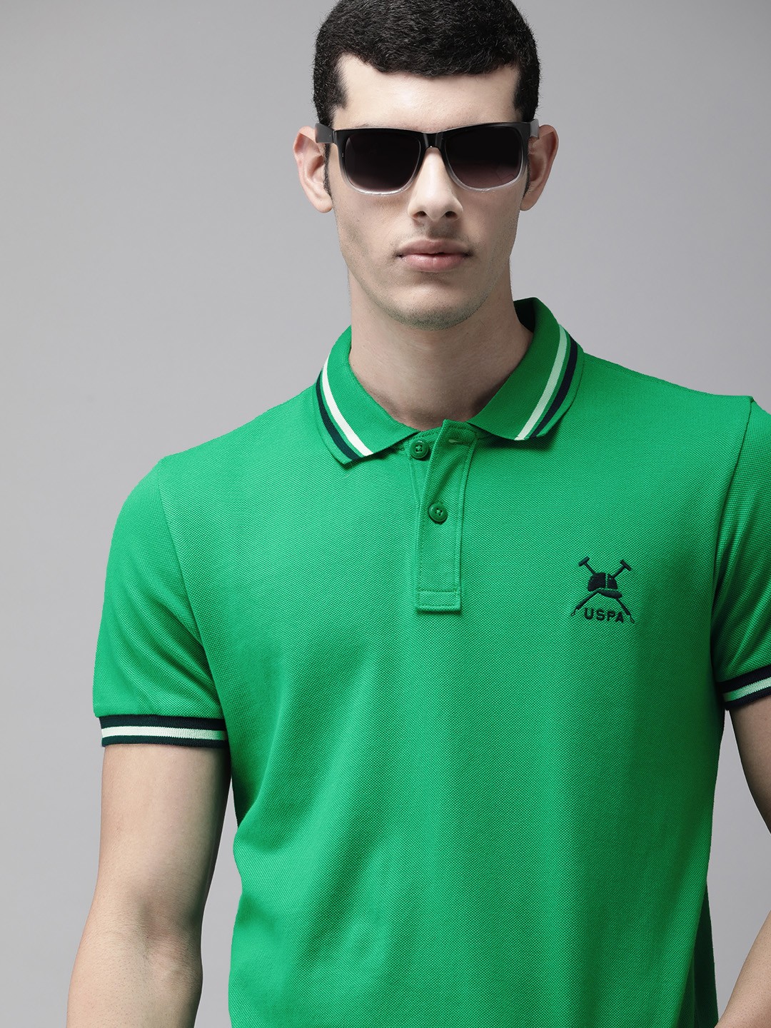 

U S Polo Assn Men Green Solid Pure Cotton Polo Collar T-shirt