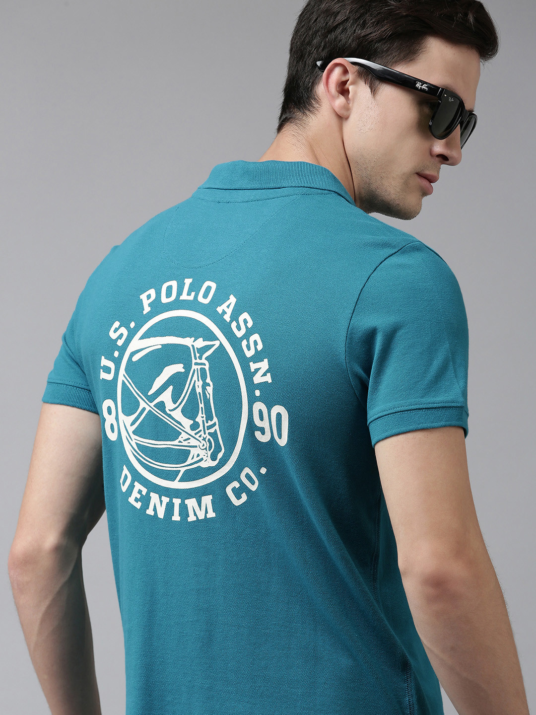 

U S Polo Assn Denim Co Men Teal Blue Brand Logo Printed Polo Collar Pure Cotton T-shirt