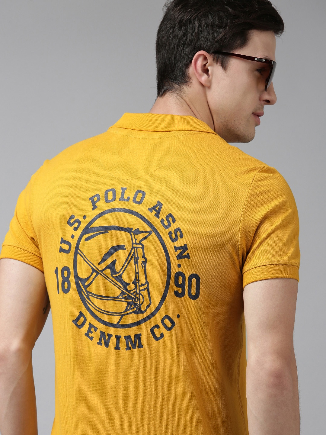 

U S Polo Assn Denim Co Men Mustard Yellow Brand Logo Printed Polo Collar Pure Cotton T-shirt