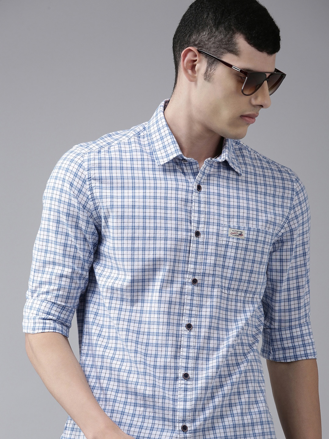 

U.S. Polo Assn. Denim Co. Men Blue & White Checked Pure Cotton Casual Shirt