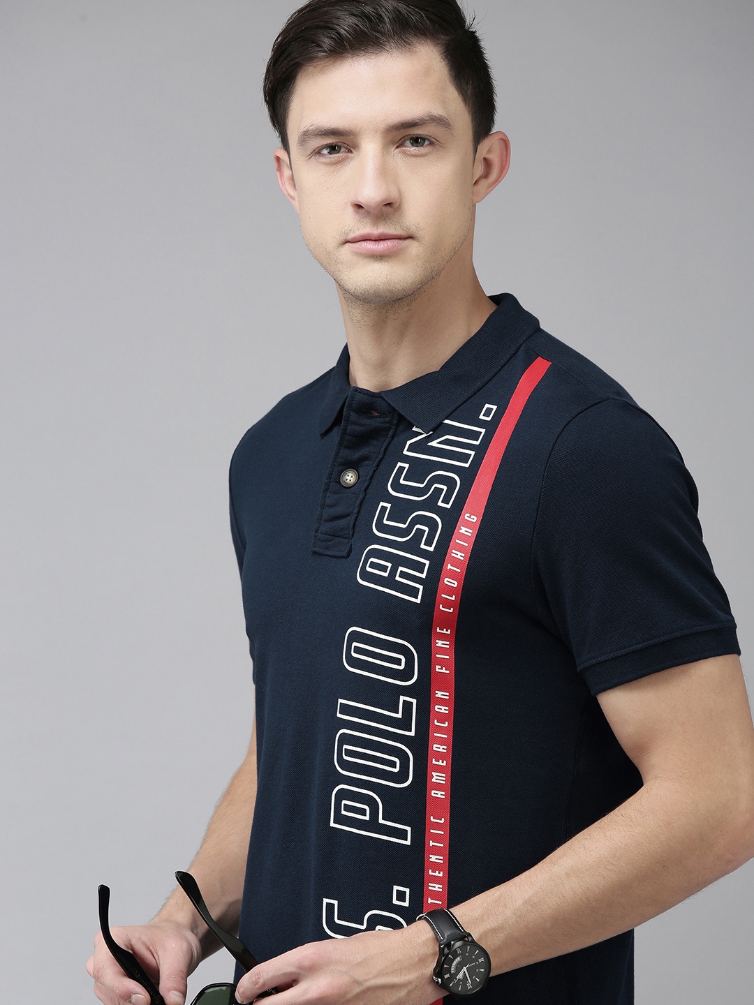 

U.S. Polo Assn. Denim Co. Men Navy Blue Pure Cotton Typography Printed Polo Collar T-shirt