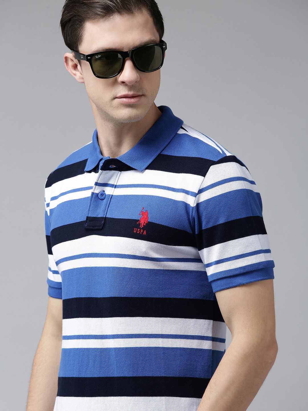 

U S Polo Assn Men White & Blue Striped Polo Collar T-shirt