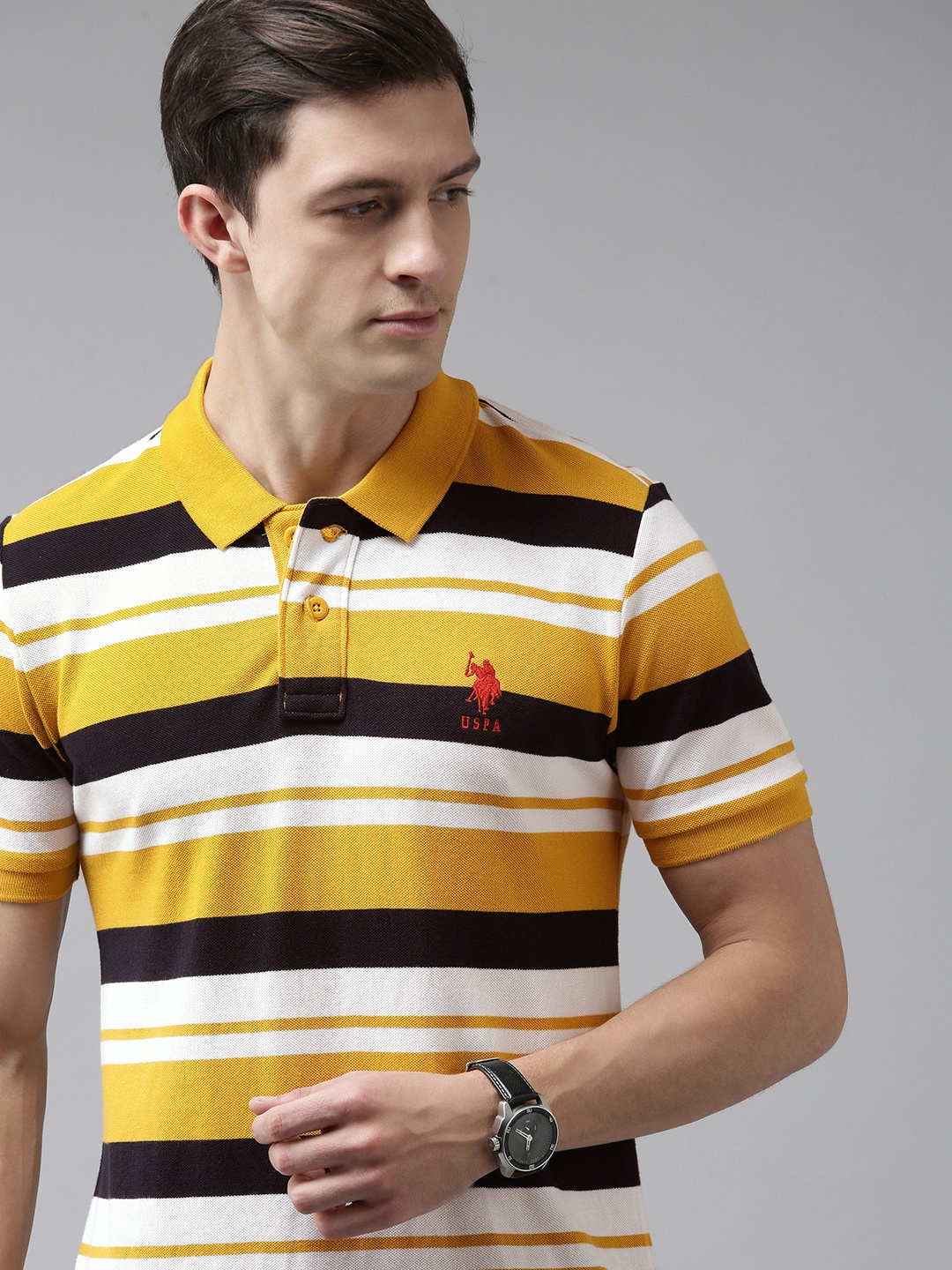 

U S Polo Assn Men Mustard Yellow & Navy Blue Striped Polo Collar Slim Fit Casual T-shirt