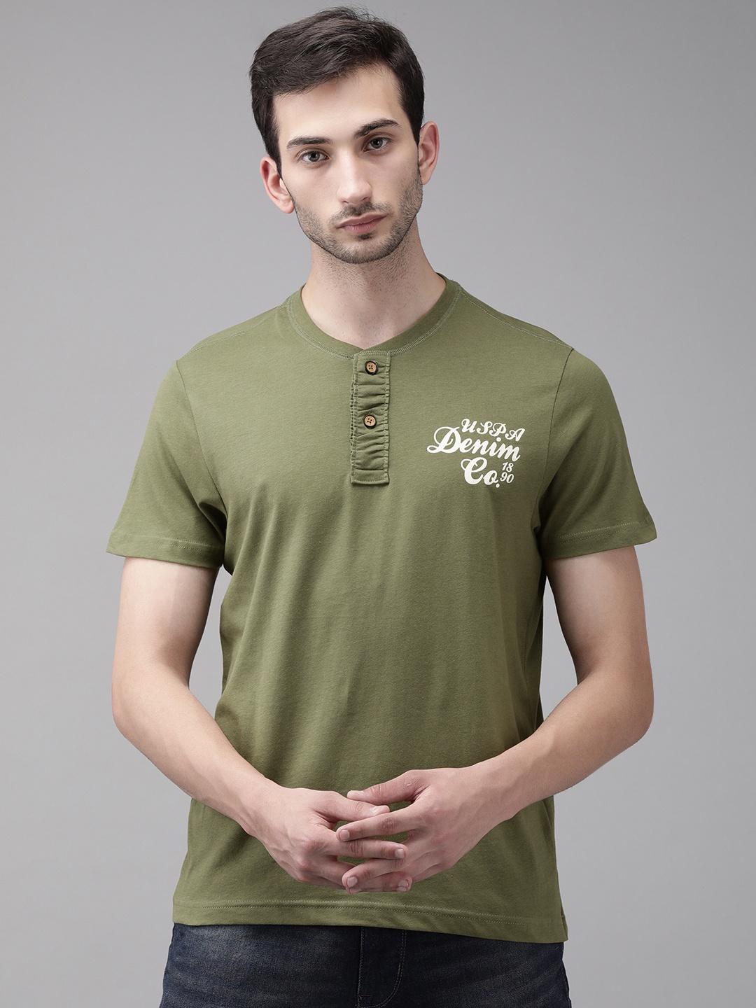 

U.S. Polo Assn. Denim Co. Men Olive Green Printed Henley Neck Pure Cotton T-shirt
