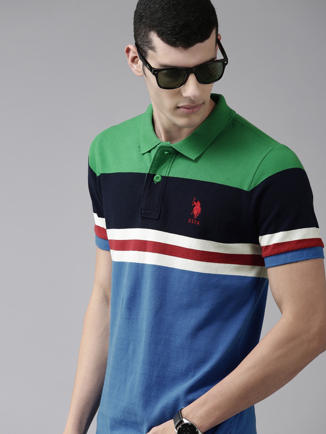 

U S Polo Assn Men Blue & Green Colourblocked Polo Collar Slim Fit T-shirt