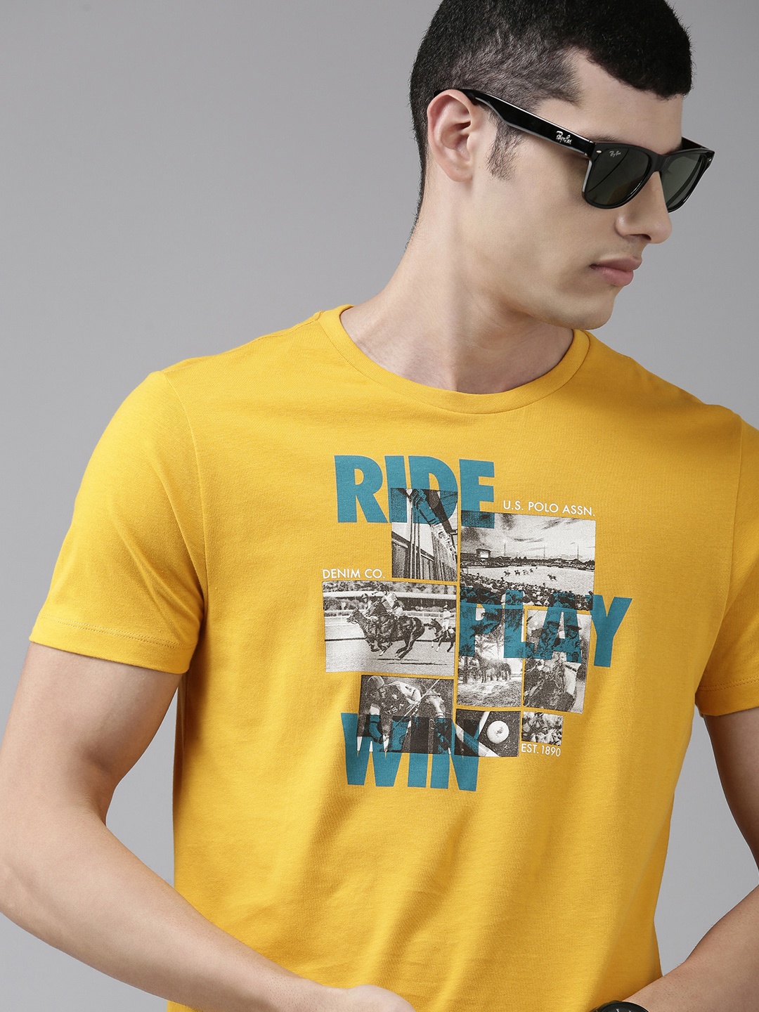 

U S Polo Assn Denim Co Men Mustard Yellow Sports Printed Pure Cotton Casual T-shirt